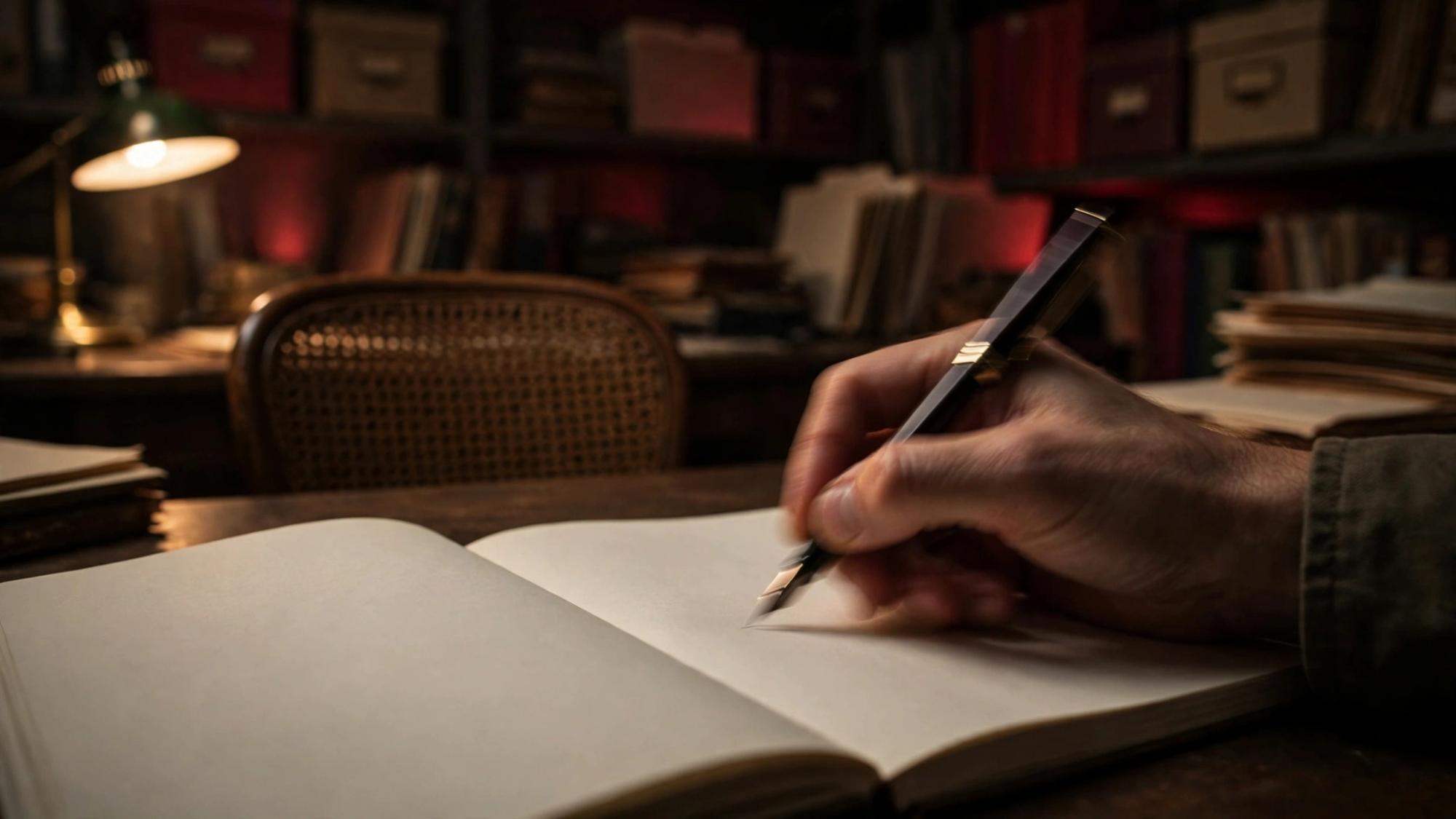 One hand still writing. An empty chair opposite. The page has no sentence. Not a monument.