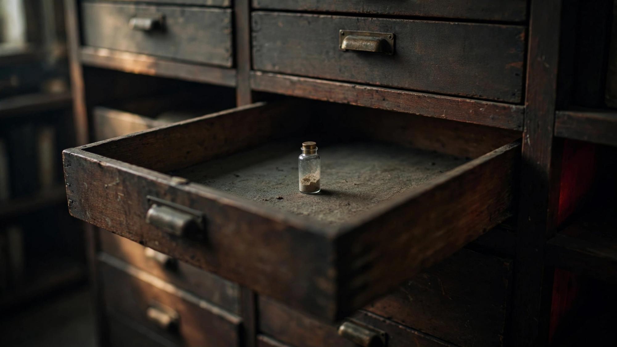 A drawer that did not want company. One object kept after the cleaning. The rest is absence.