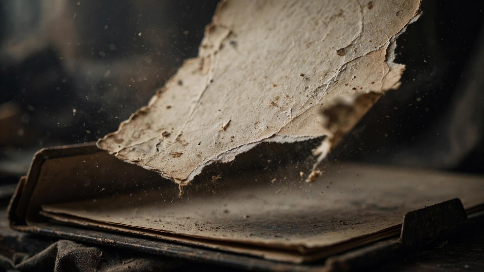 A page with the tear still in it. No sentence can be read. Dust where the middle of the story should have been.