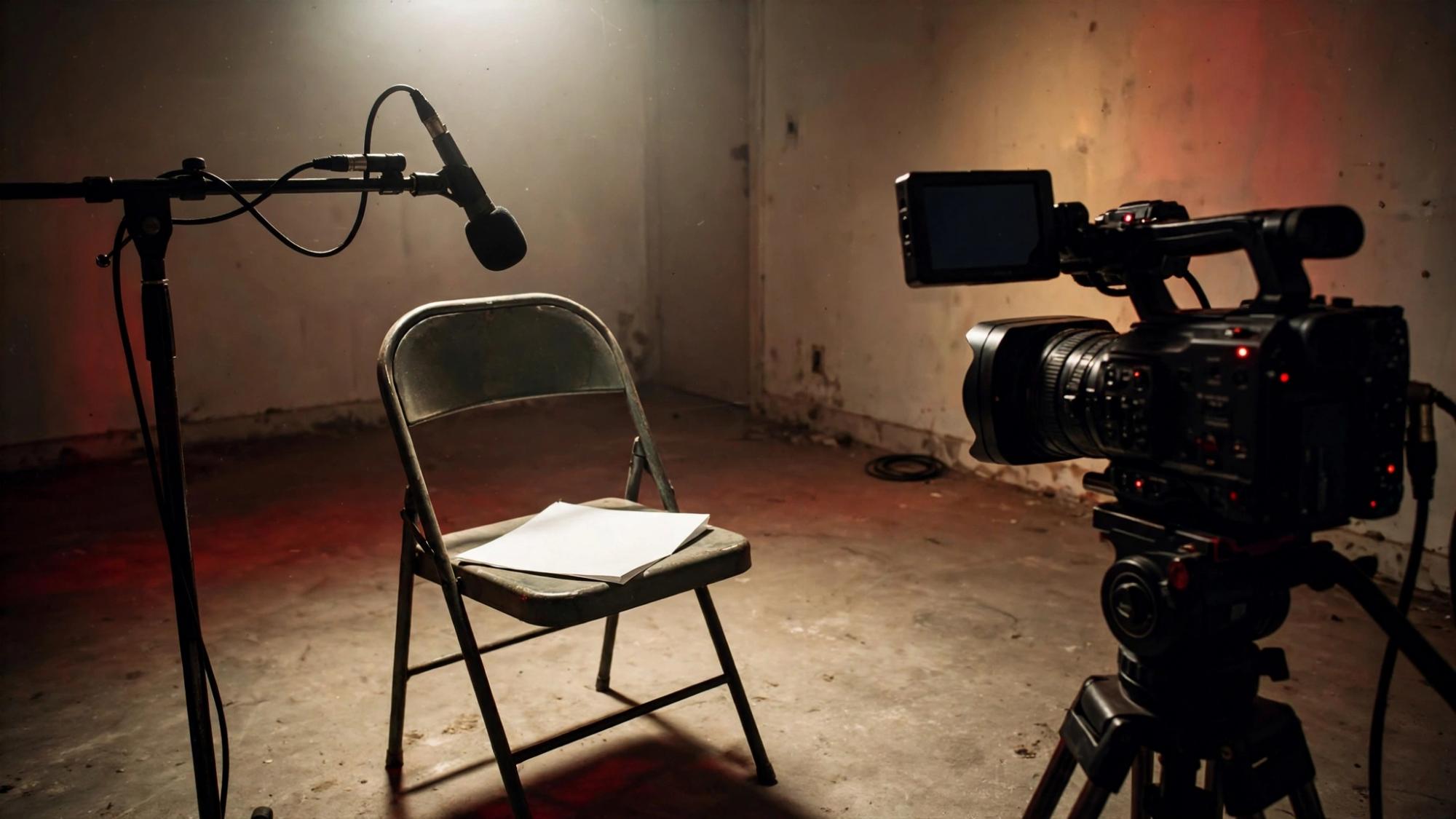 One chair under a hard light. A microphone that was not told the subject left. A blank sheet. The camera is still running.