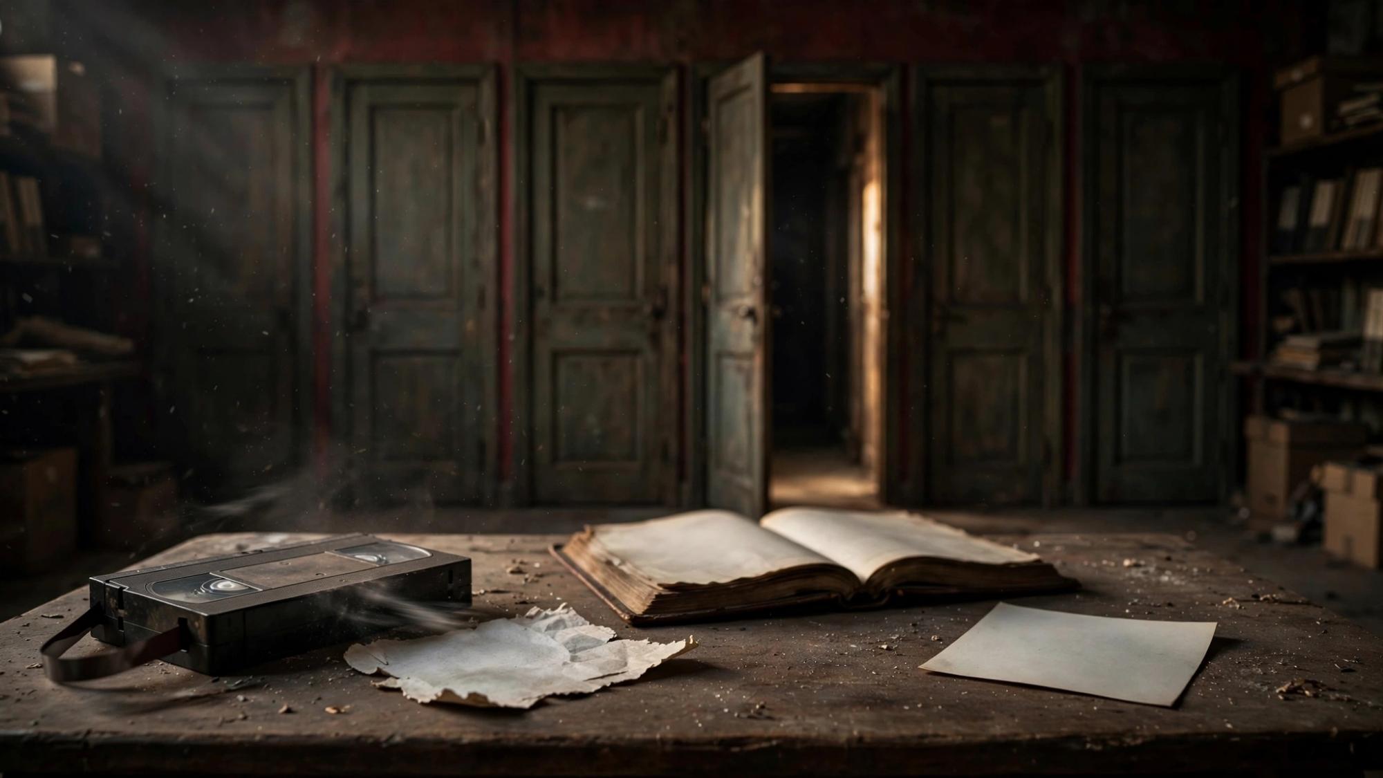 One table: a recovered tape, a torn page, a log still open, and a door seen beyond it that has not been taken.