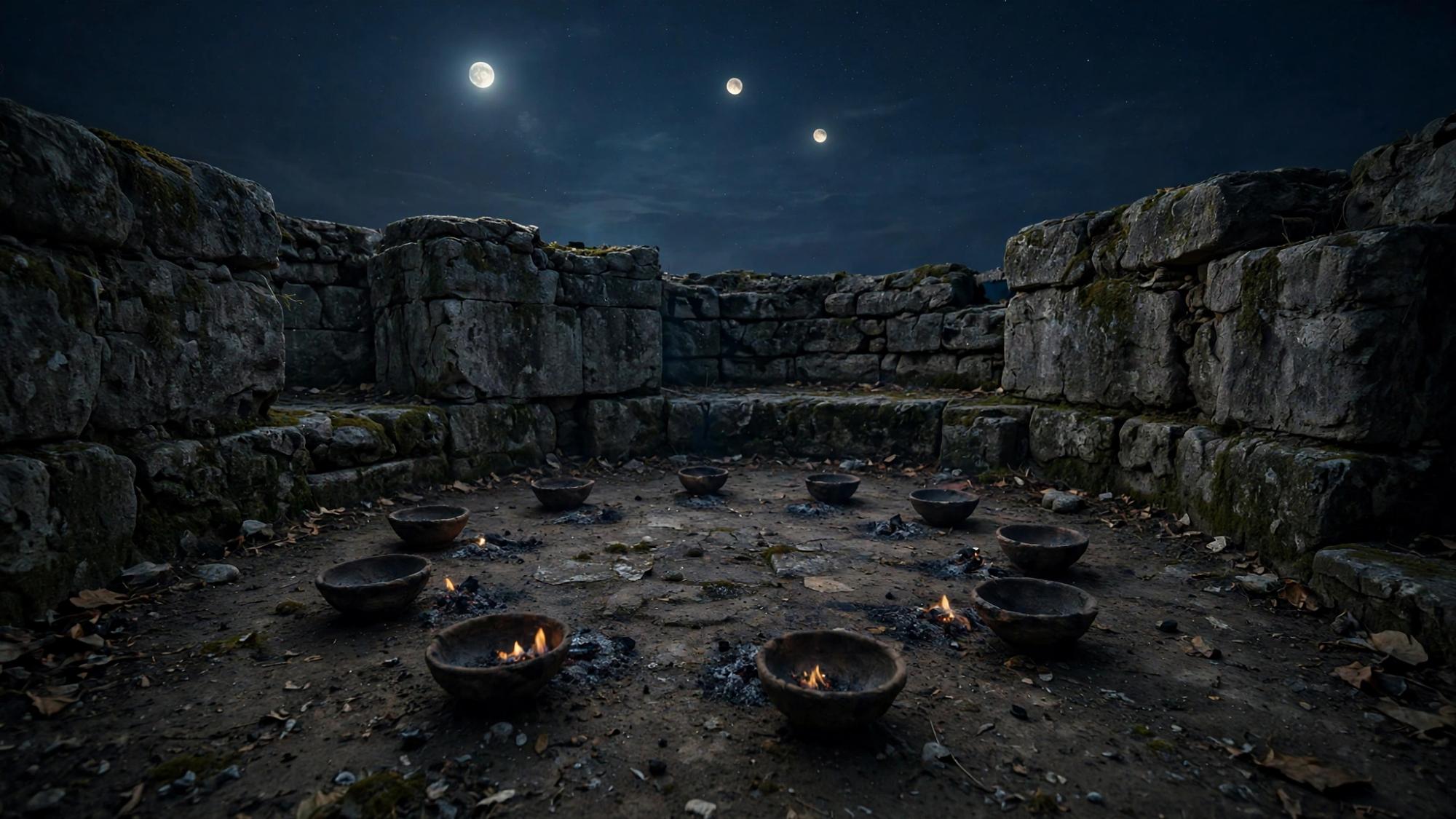 Bowls and a low fire. The congregation has gone. More than one moon. Blank stone, and the year has not turned a page.