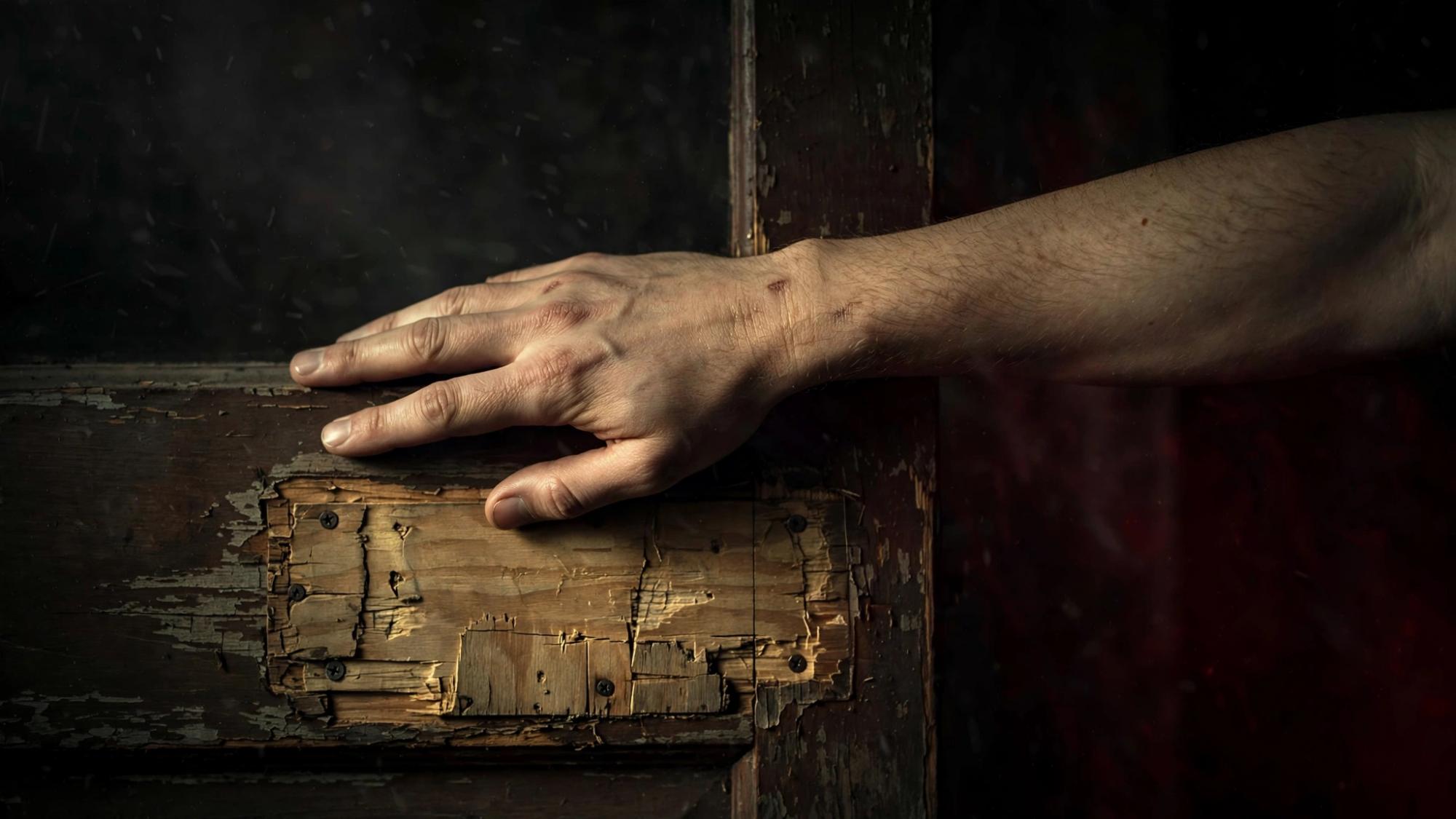 A repaired door, the patch honest about the break. A hand rests and does not take it. The far side is a dark room.