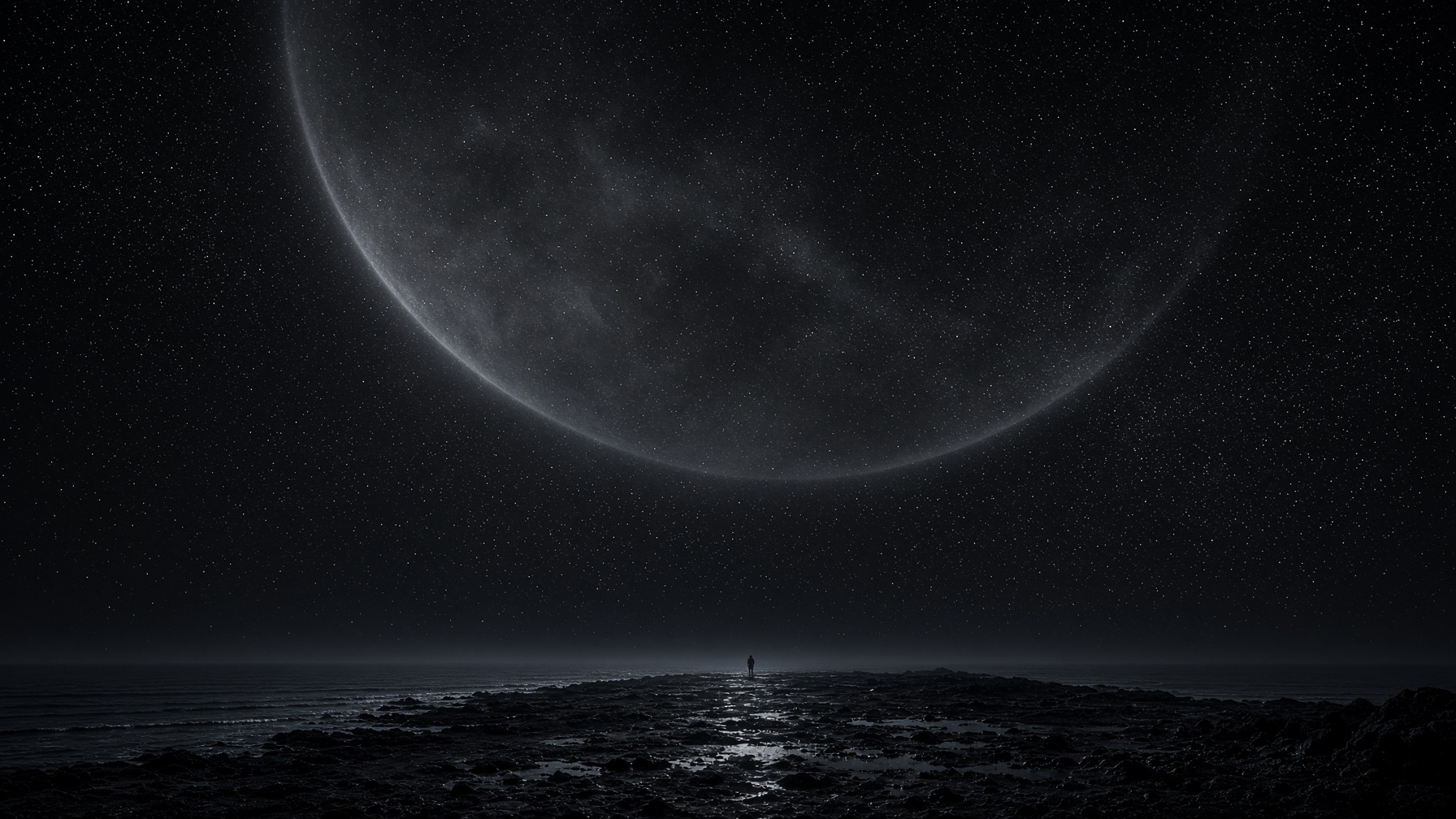 Cosmic horror climate — a wrong sky, an unnamed orbit, a distant city, falling ash, a radio tone, a watching corner