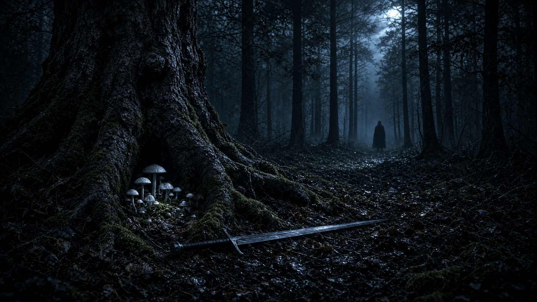 Folk horror climate — a boundary stone, a counted field, a scarecrow year, a village with no map, an unnamed path, an unseen harvest