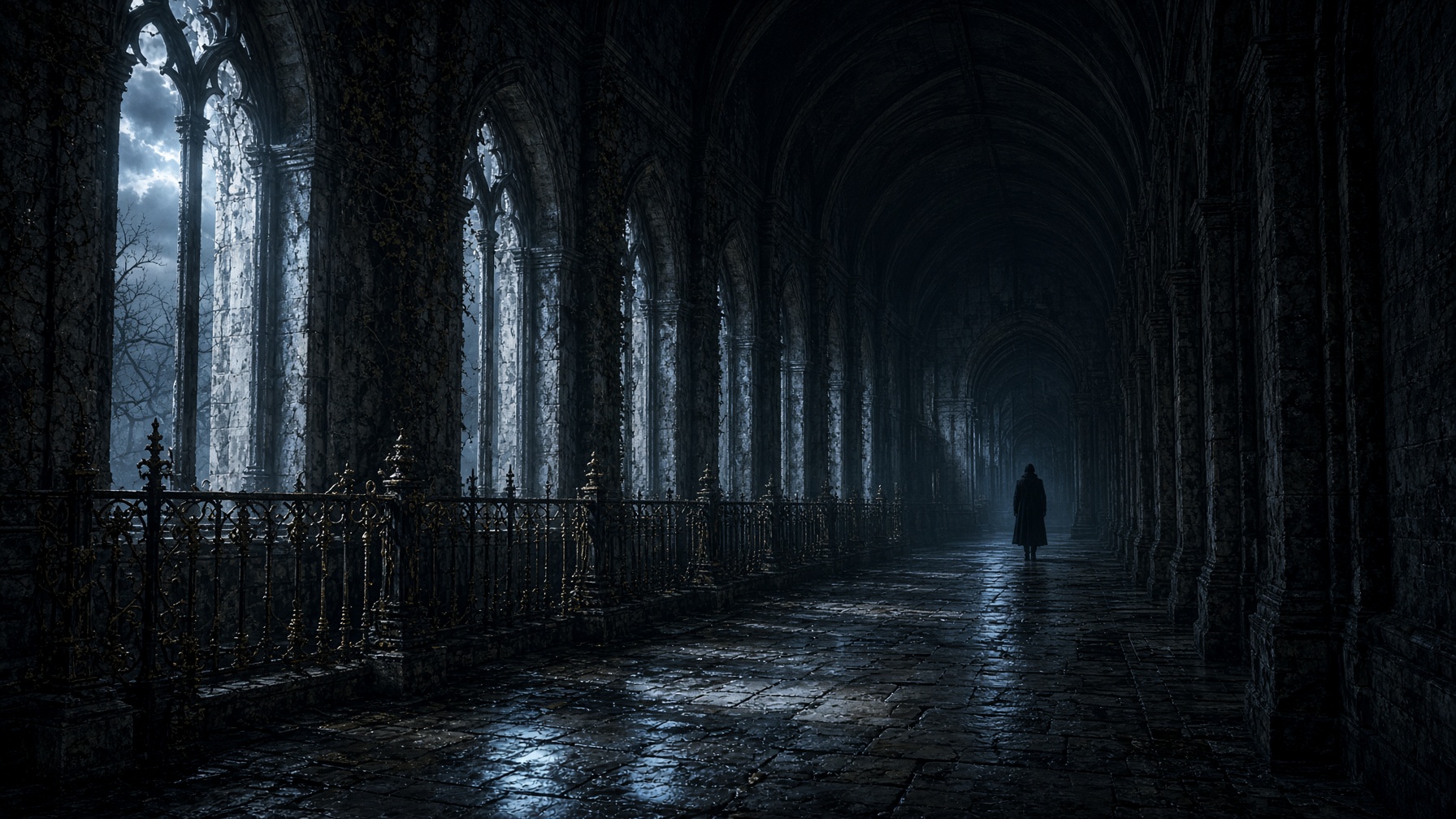 Gothic horror climate — a bloodless stair, a widow's room, a locked gallery, silence, named shadows, a light going out