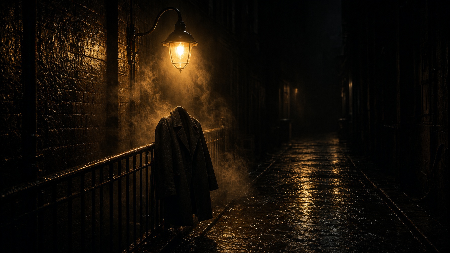 Mystery noir climate — a missing hour, a smoked ledger, a rain window, a nameless file, a badge, names washing off a board