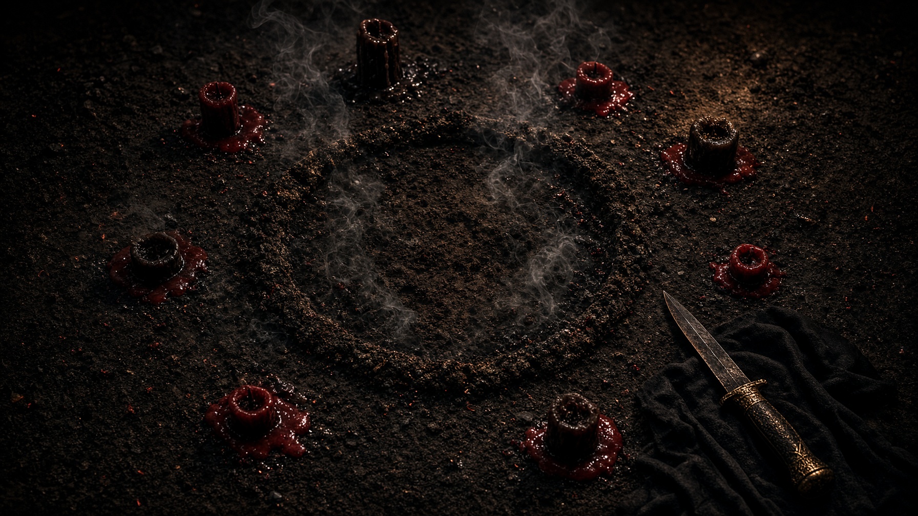 Occult ritual climate — a circle, salt, a sixth candle, a name under the floor, a silent prayer, an open bowl