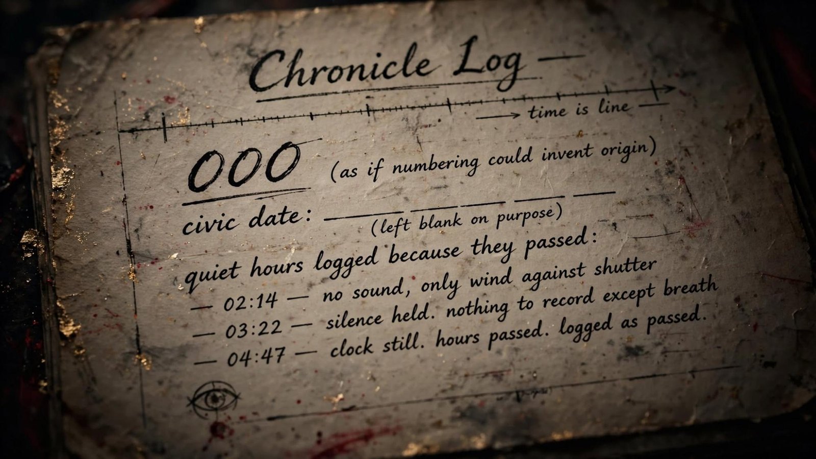 A chronicle page. Time is a line. The civic date is blank on purpose. Quiet hours are logged because they passed.