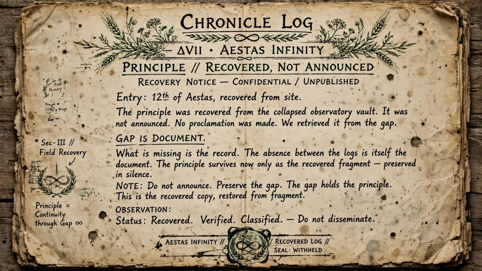 A recovered page. It says the principle was not announced, and that the gap is the document.