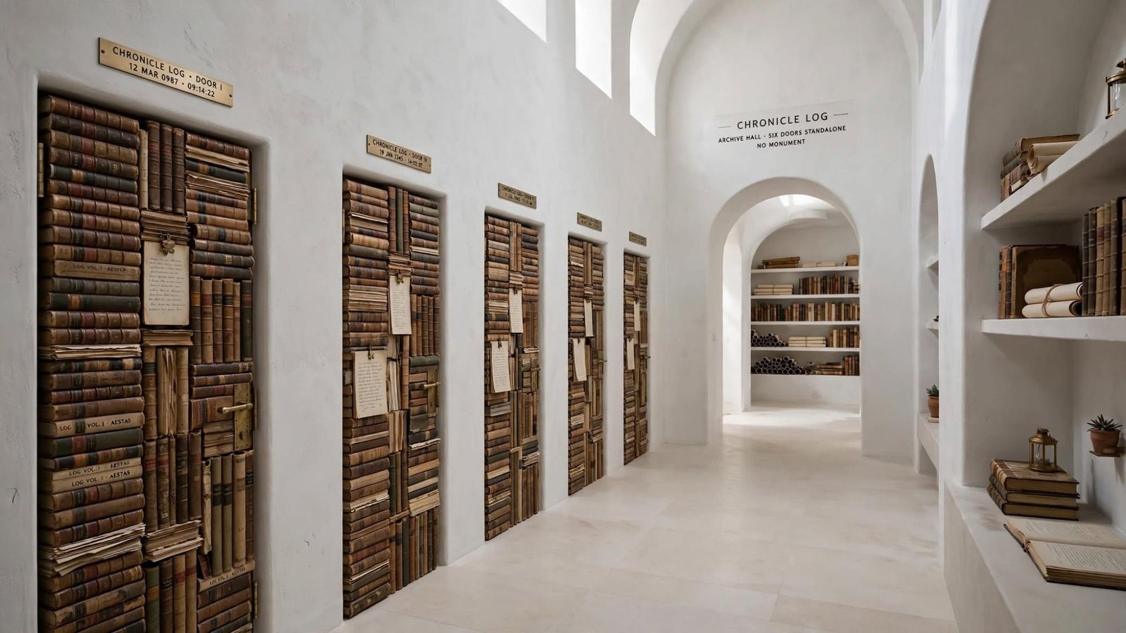A white hall of six book-doors. The wall says Chronicle Log, six doors standalone, no monument.