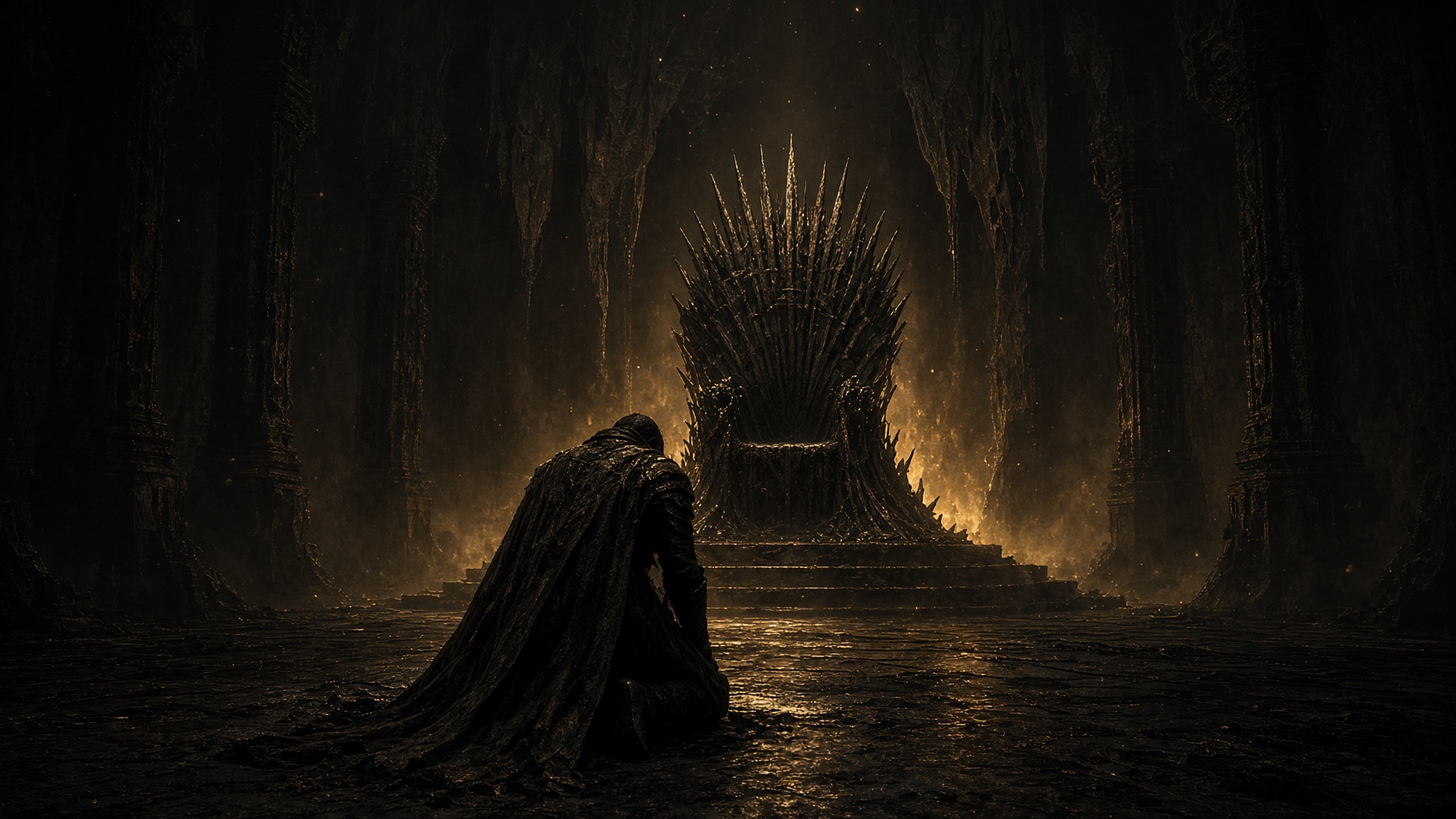 Shadow Fealty — a living figure and a shadow kneeling on the same circle