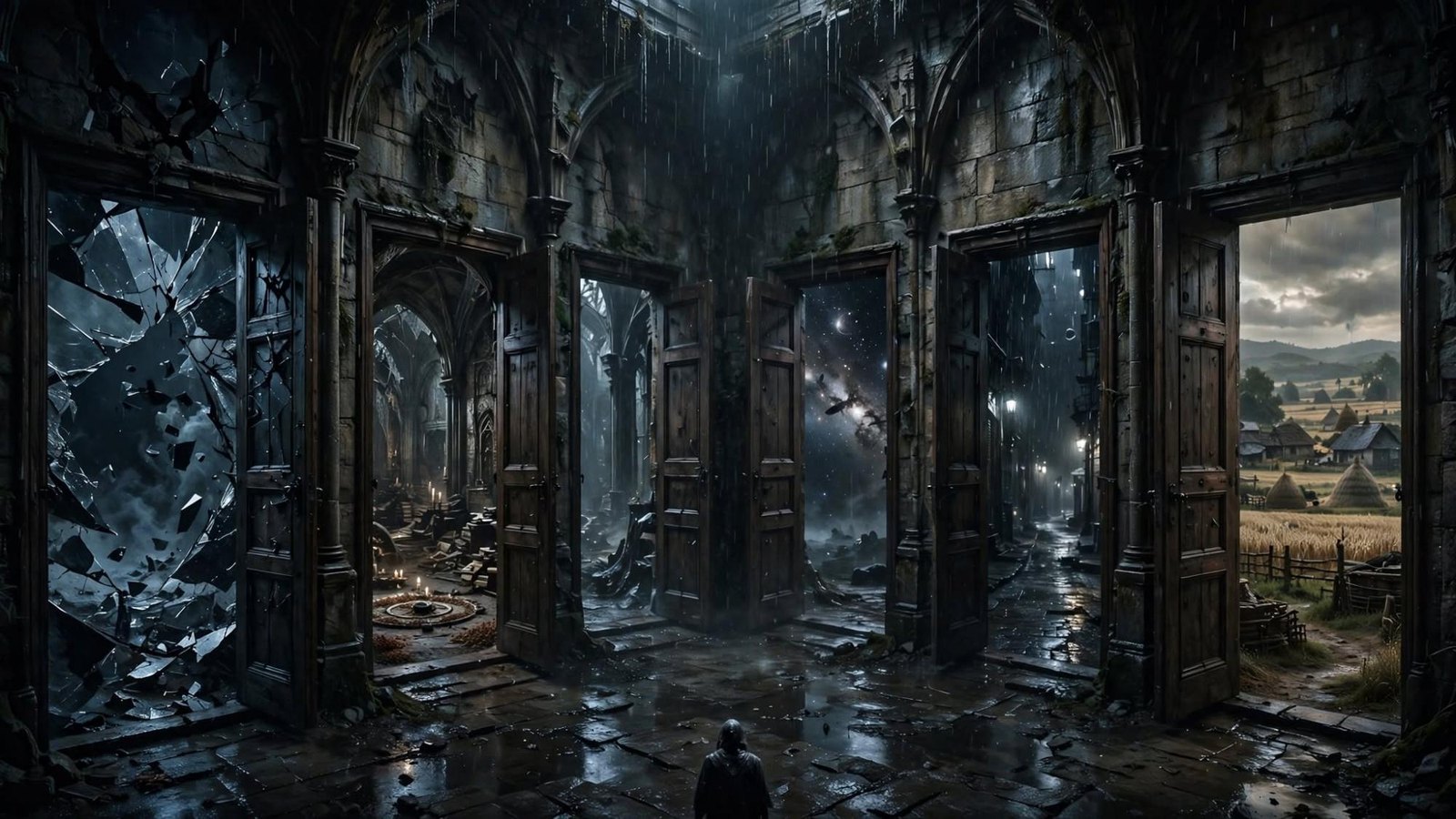 A figure before six open doors. Storm, ritual, roots, a star field, a night street, and a village field.