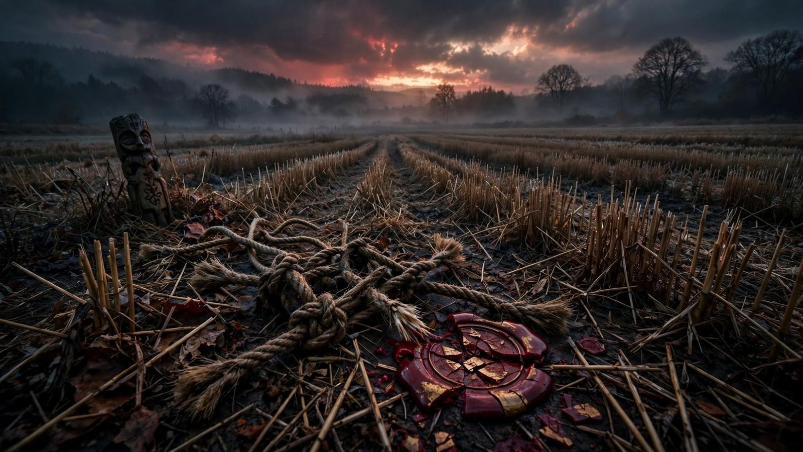 A cut field under a red sky. A broken harvest seal, a loosened rope, and a carved post at the head of the stubble.