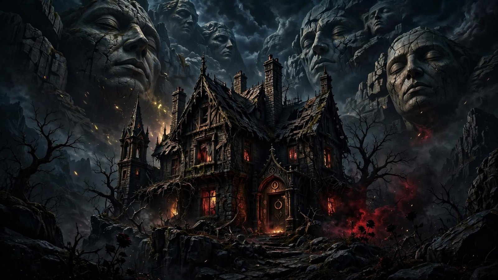 The house under a cliff of stone faces. Red smoke at the door. The rock has not forgotten the people.