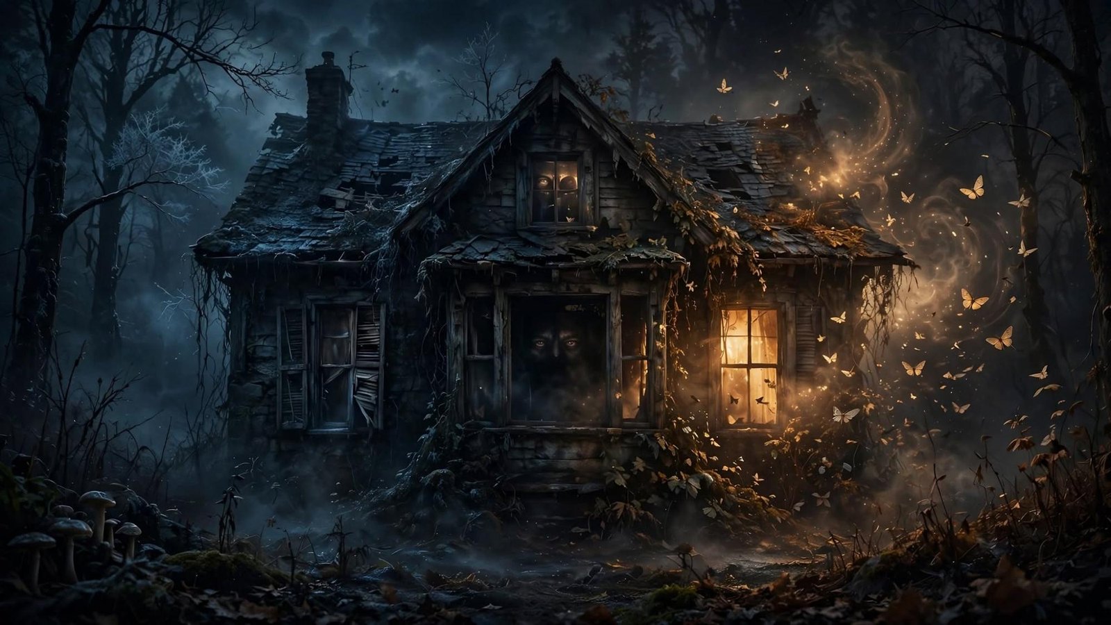 A house at the edge of the wood. A face watches from the dark window. Light and butterflies leave the other.