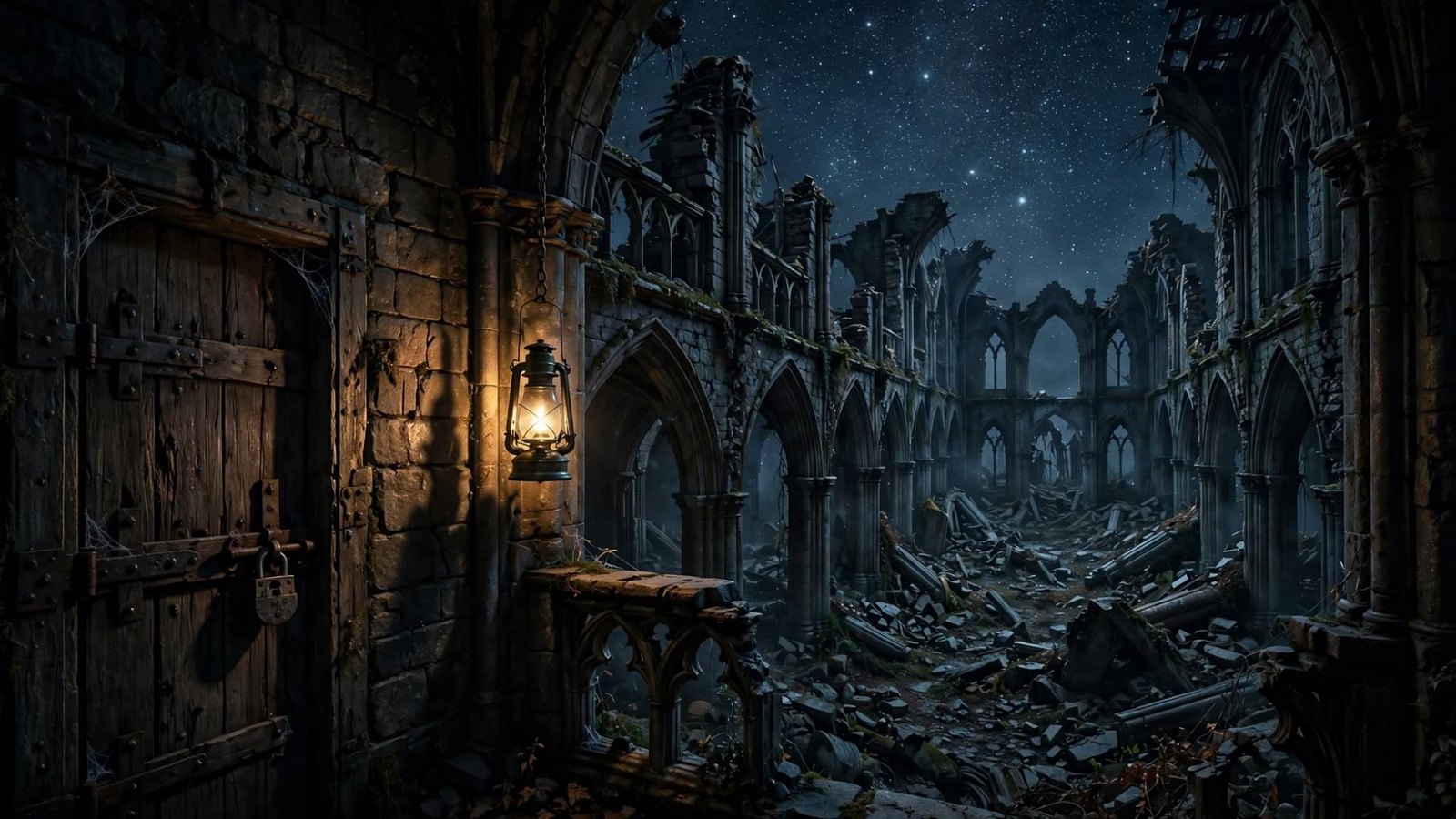 A locked door and a lantern. Beyond it, a nave with no ceiling, open to the stars.