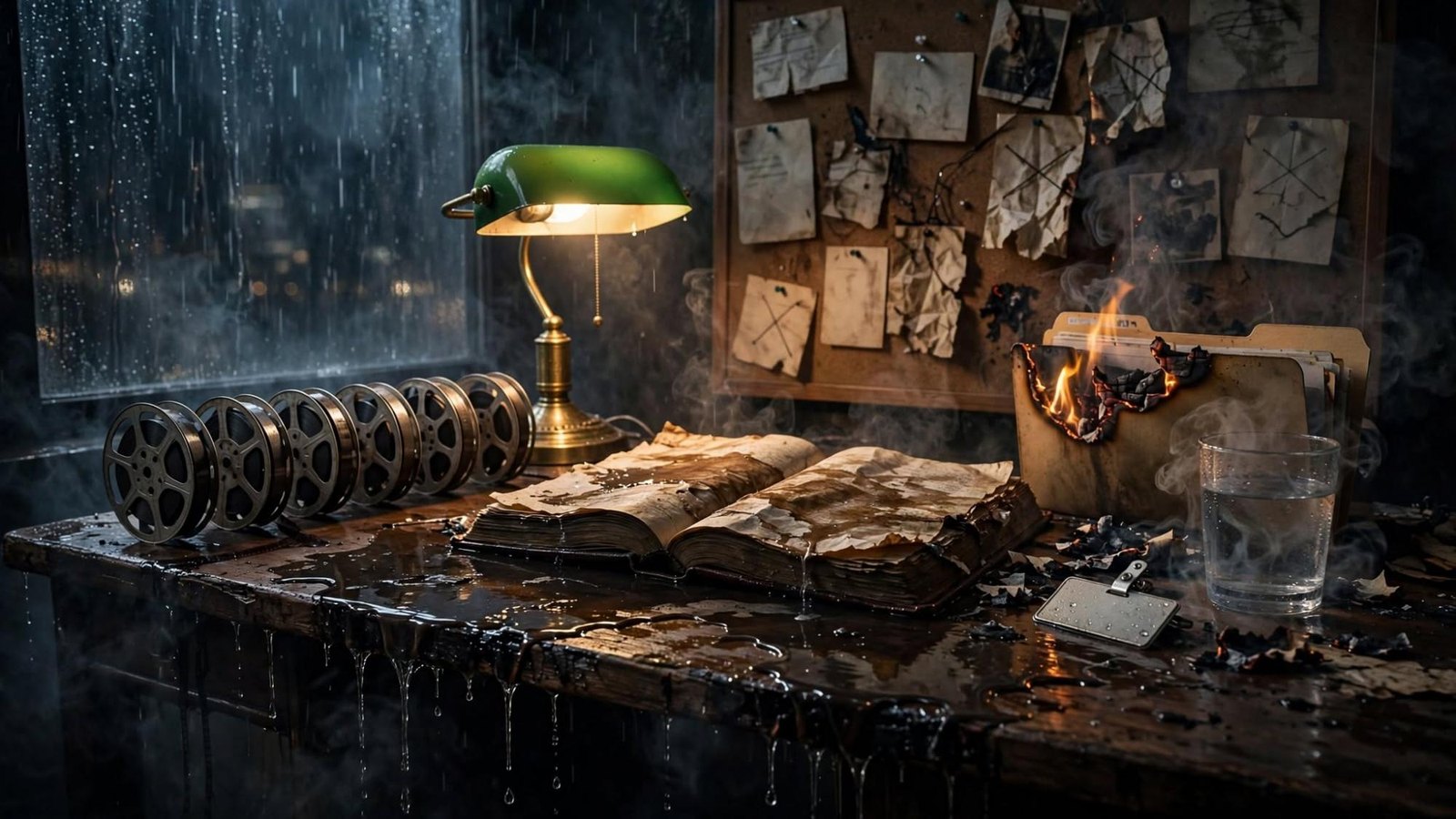 A lamp, film reels, and a file burning on a wet desk. Rain on the glass. A board of papers behind it.