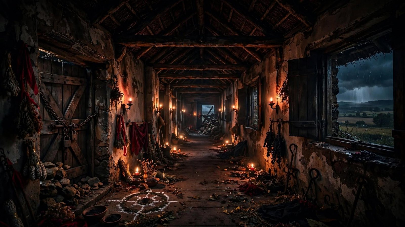 A candlelit corridor. A sign drawn on the floor. Locked doors, herbs, and rain in the field outside.
