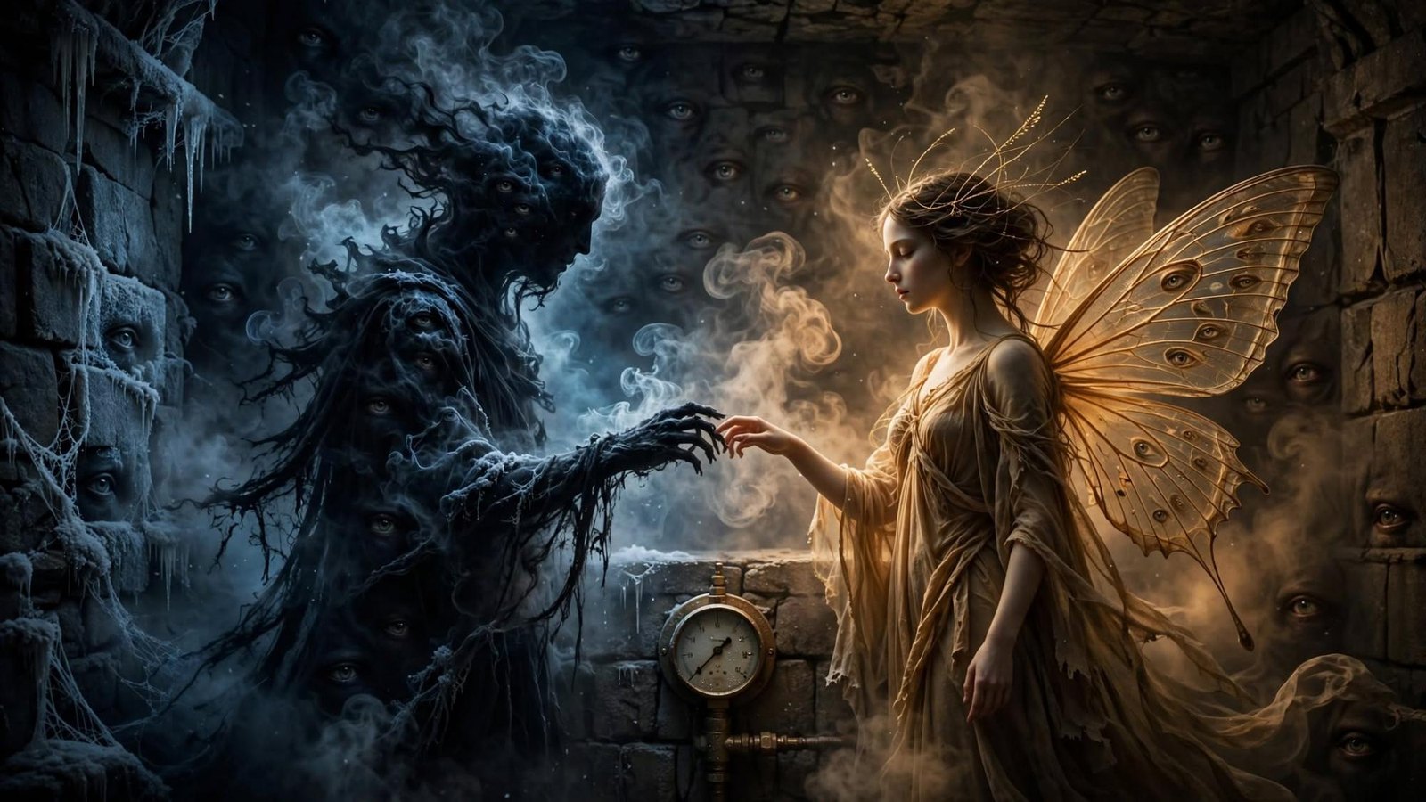 A figure made of eyes reaches toward a woman with moth wings. The wall behind them is also watching.