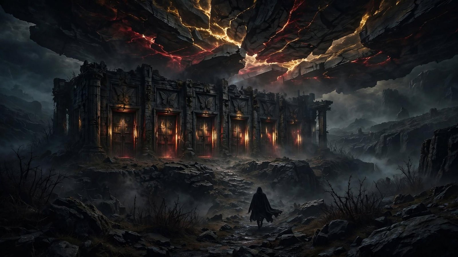 A cloaked figure walks toward doors marked with moths. The sky above the ruin is split with fire.