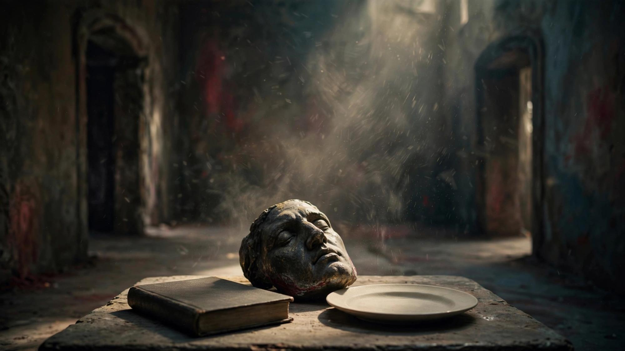 A heavy face, a closed book, and an empty plate. Two unmarked ways behind them.