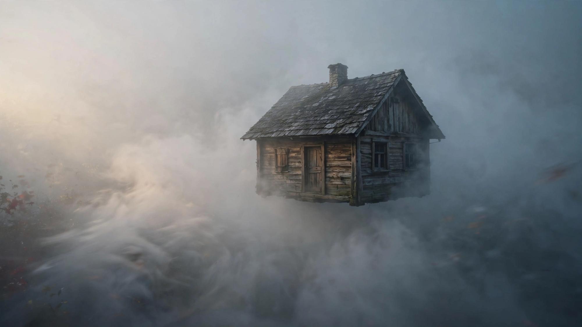 A house that has left the ground. Morning kept outside the fog, like a coat that was not invited in.