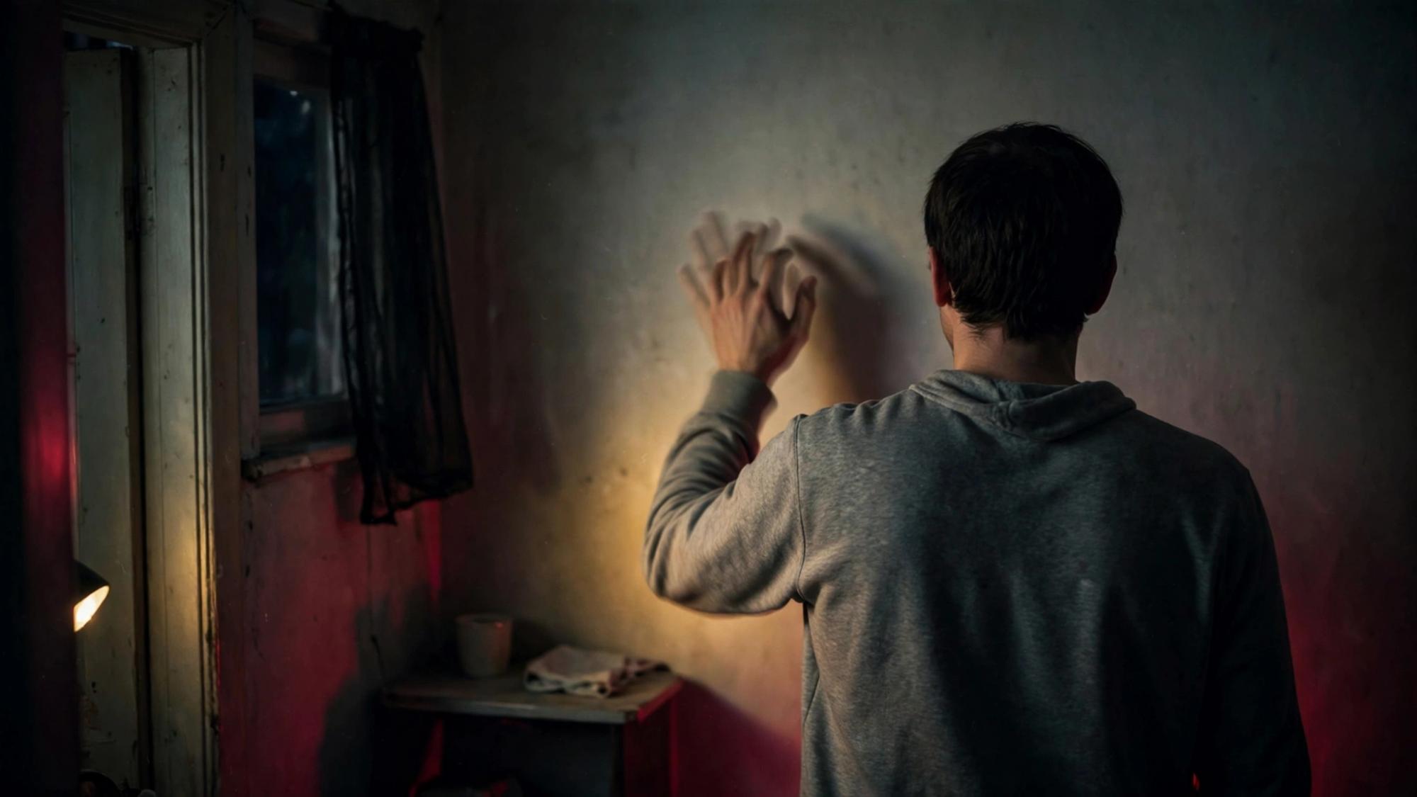 One person, seen from behind. The same gesture, repeated in the shadow with one small difference.