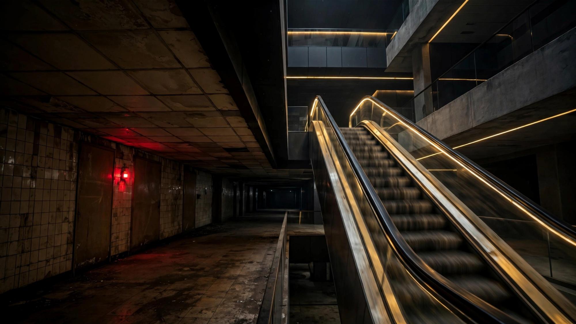 An escalator still moving in the dark. Two floors that do not agree which year they belong to.