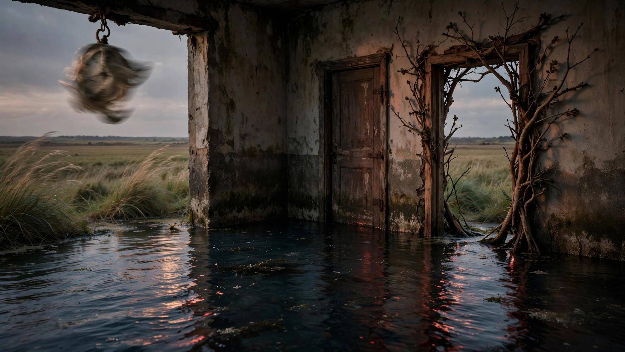 A clock gone soft. A room that stored a sea. One door, and a second frame growing beside it.