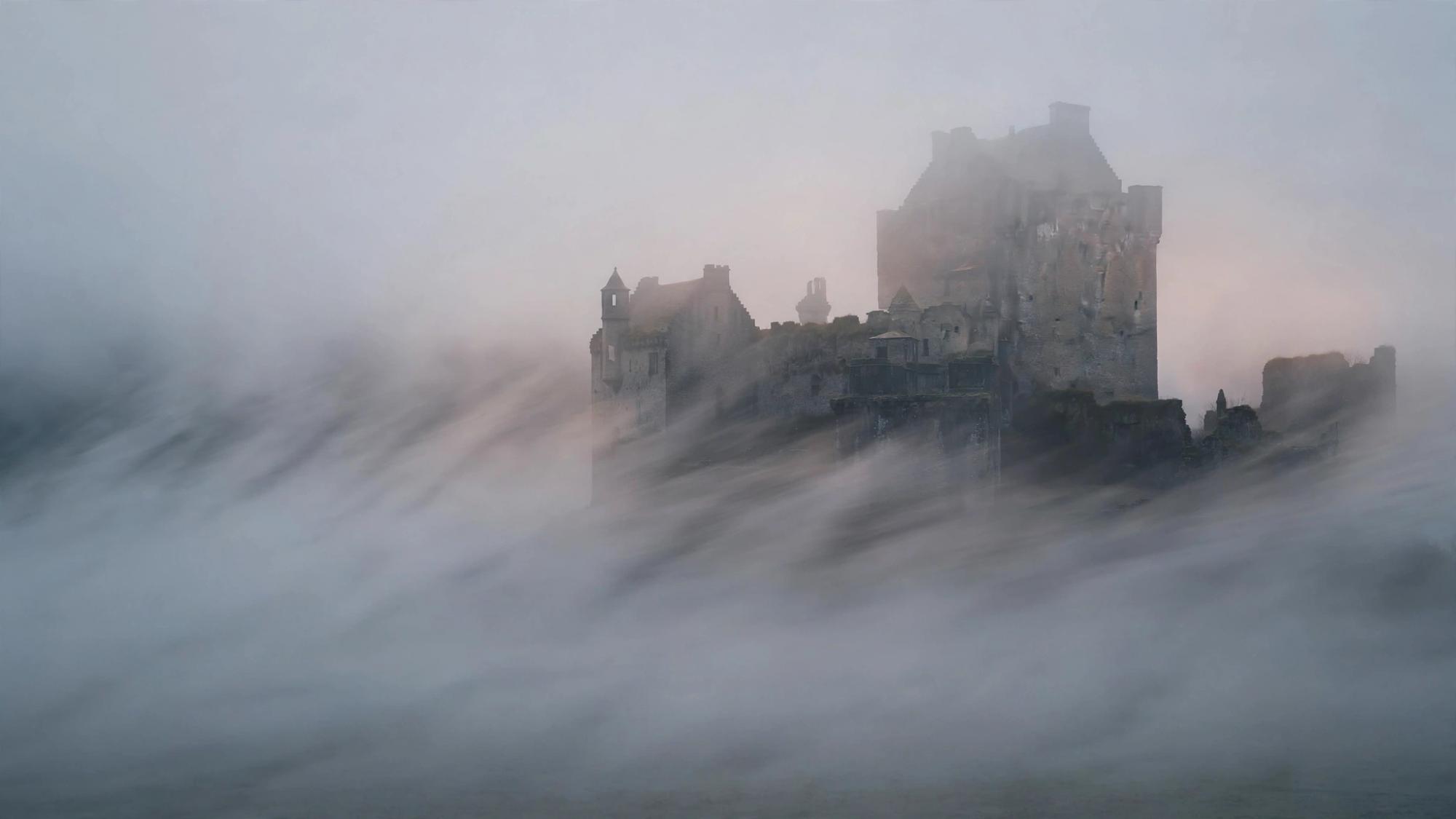 A castle in fog with no edge. Morning left outside. No path and no invitation.