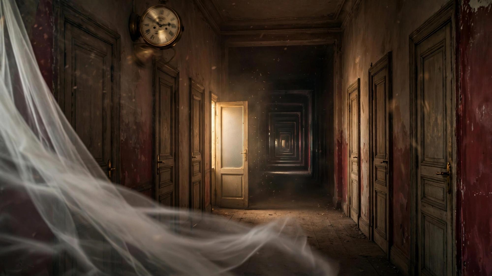 A corridor that continues past the point architecture should have ended it. A clock, and a veil half fallen.