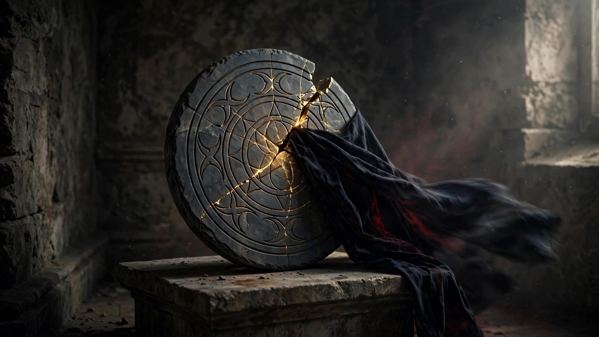 Cloth slipped halfway off a circular seal. The seal is broken by one notch. Gold sits in the cracks.