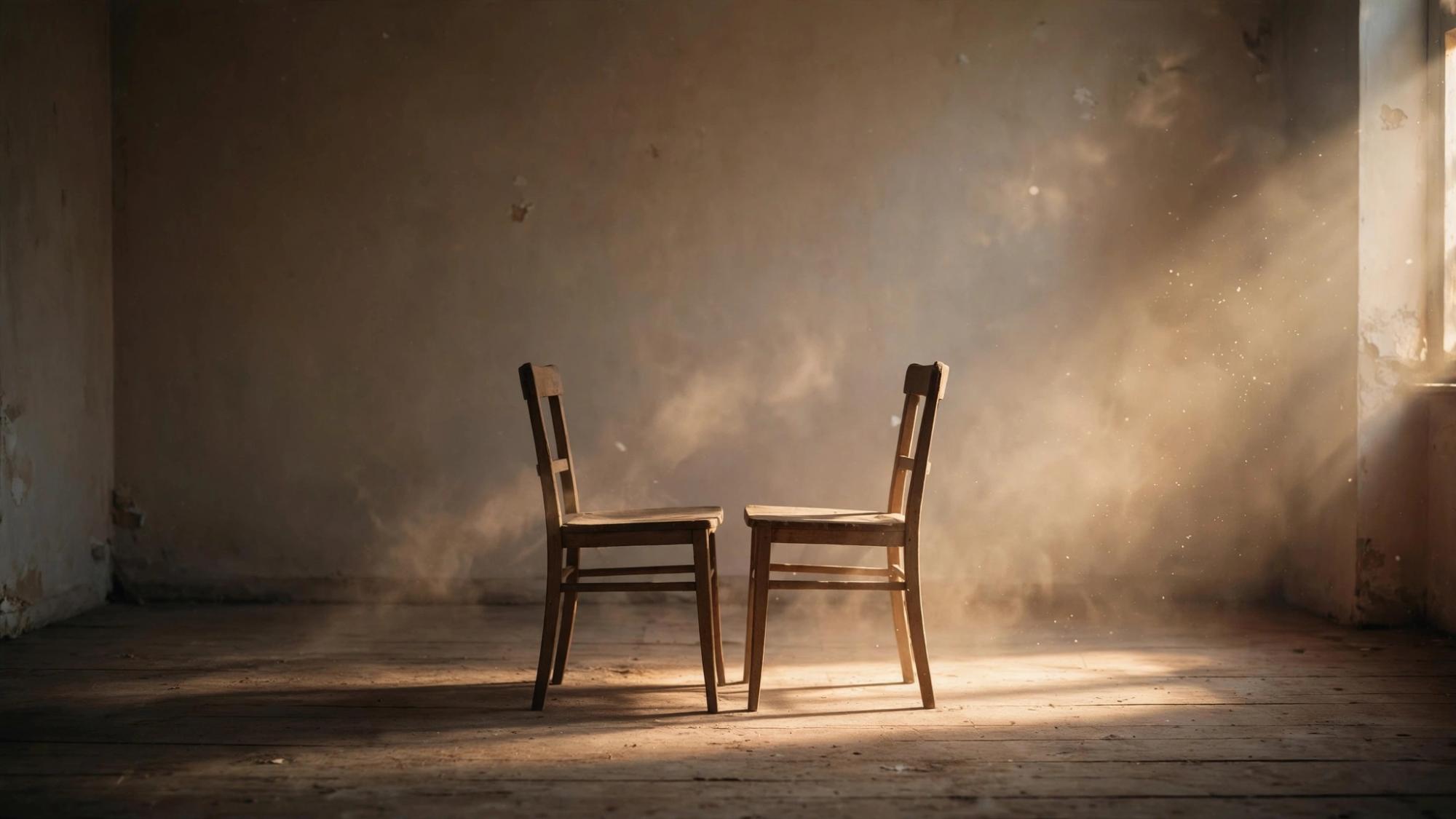 One room. Nothing in it solved. Two chairs and the dust, and silence doing the work.