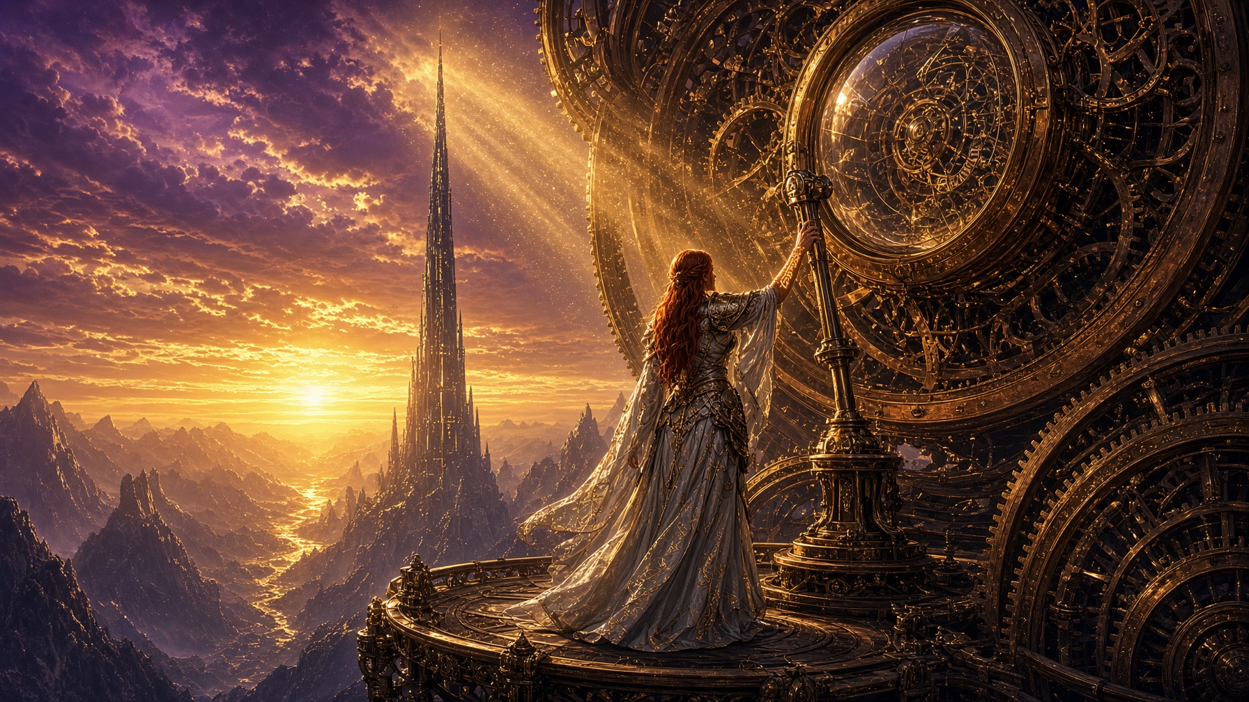 The Spire of Eternal Sunset — obsidian and brass in a sunset that has not moved