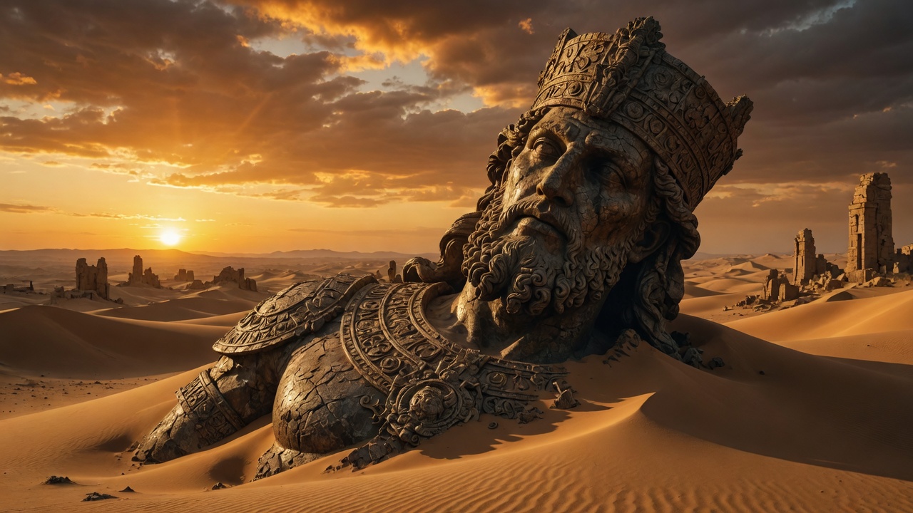 The Buried Colossus — a crowned stone head rising from the dunes
