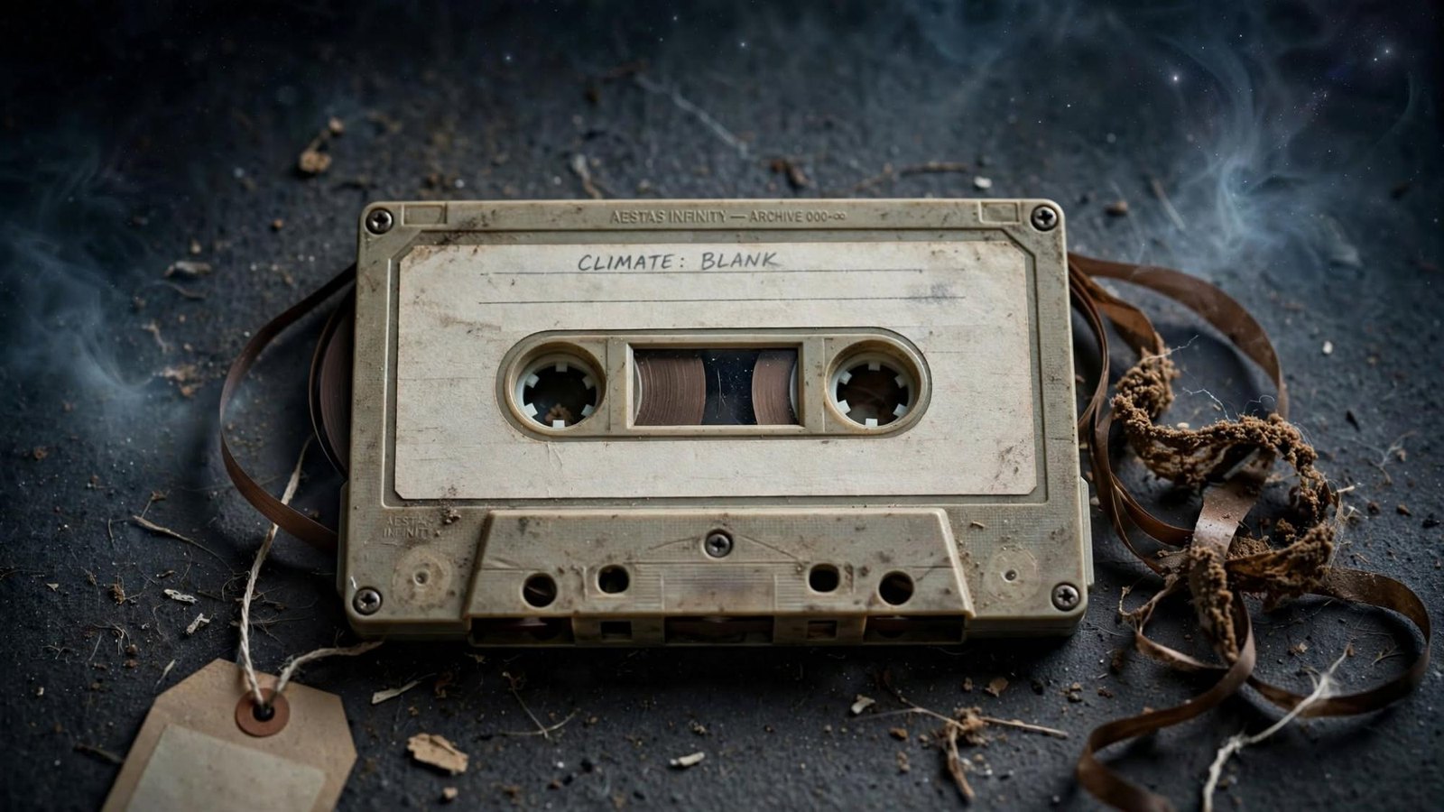 A cassette labelled Climate: Blank. The tape has spilled. There is no title on the label.
