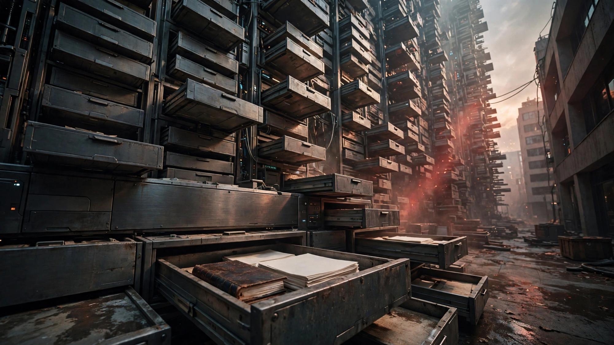 Drawers rising higher than any building admitted. Labels with no names. Paper, and no grief.