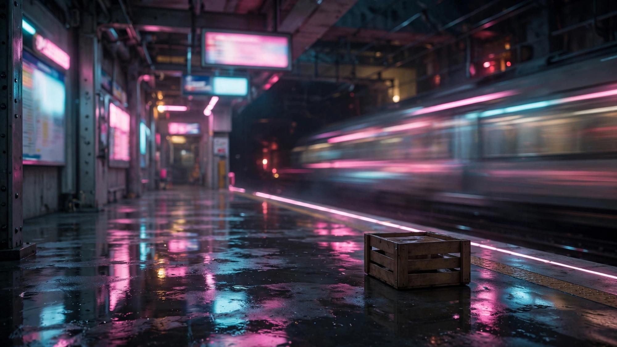 A wet platform that has already left its timetable. Pink and cyan are only light. One crate, no label.