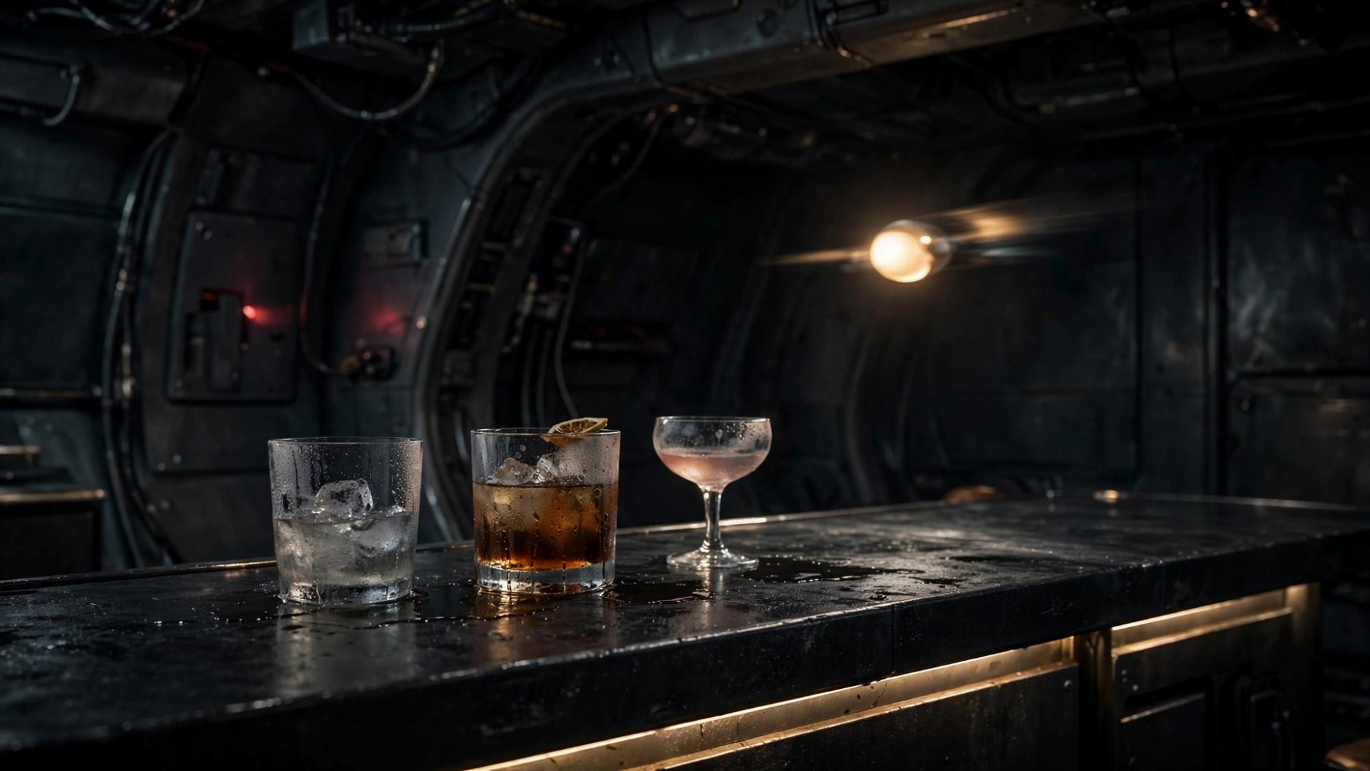 A station bar after the clients left. The drinks are still on the counter. No battle and no face.