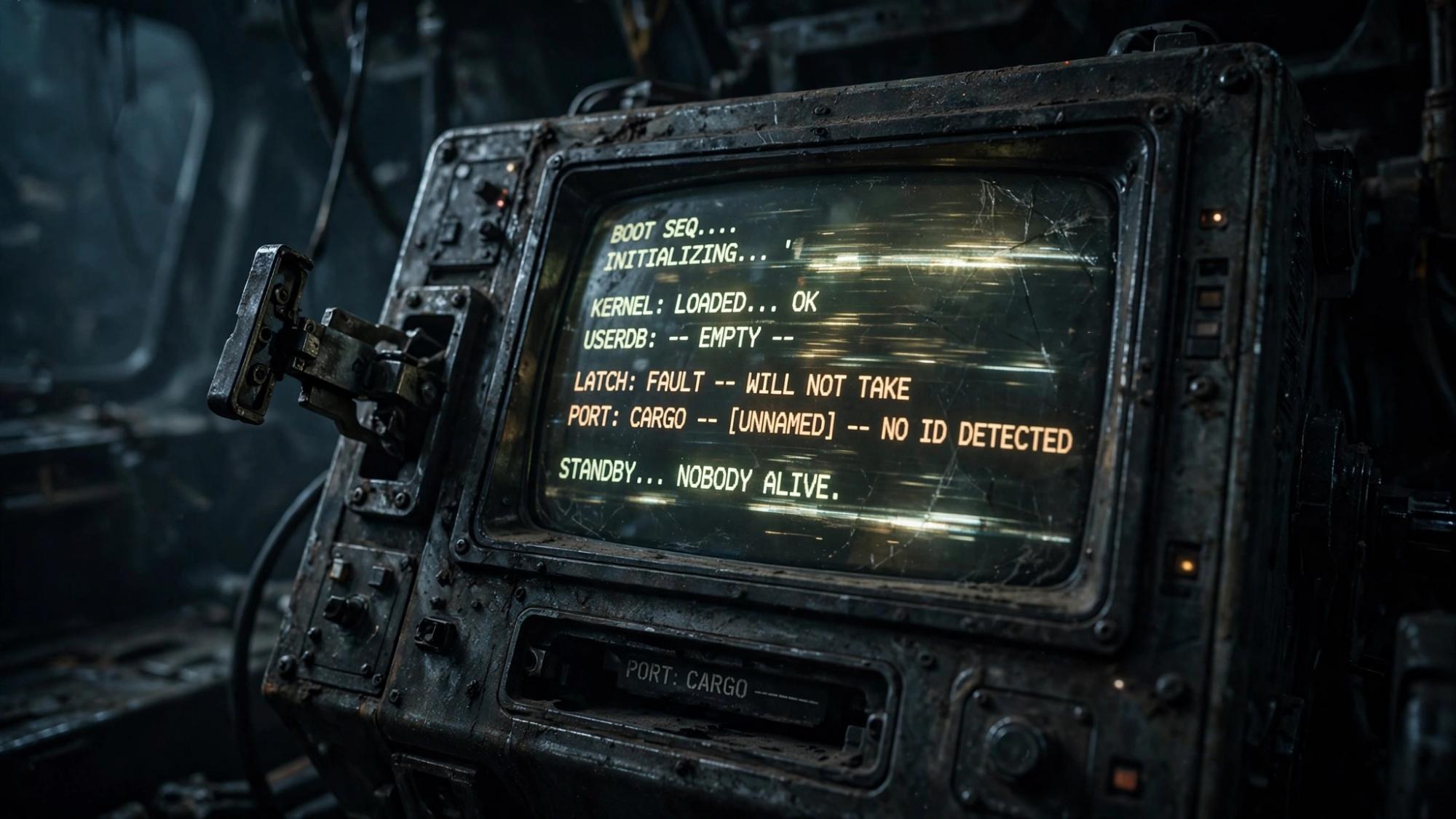 A screen still booting for nobody alive. The latch will not take. The port has no name.