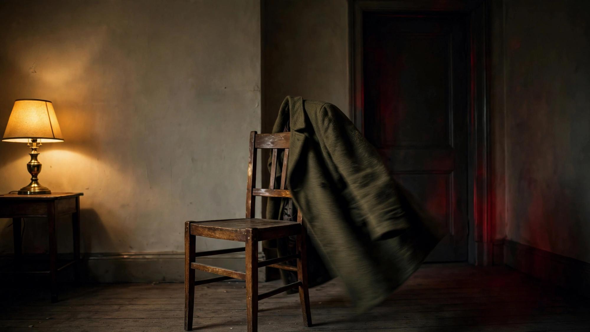 One chair at human scale. A coat still on it, moving. An ordinary room, already finished with the person.