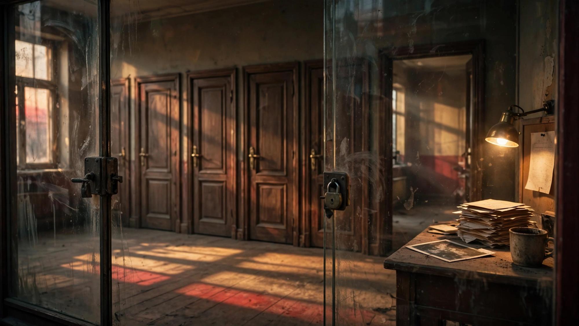 A locked glass door into a room of six doors. A lamp, unsent letters, a photograph, and a cup in the dust.