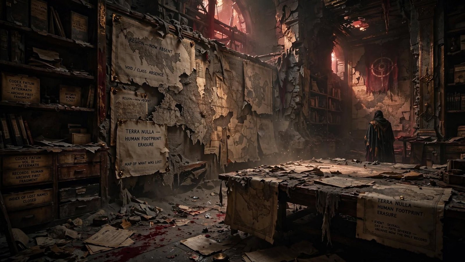 Torn maps of regions marked absent. Dust and paper on the floor. A cloaked figure in what remains.