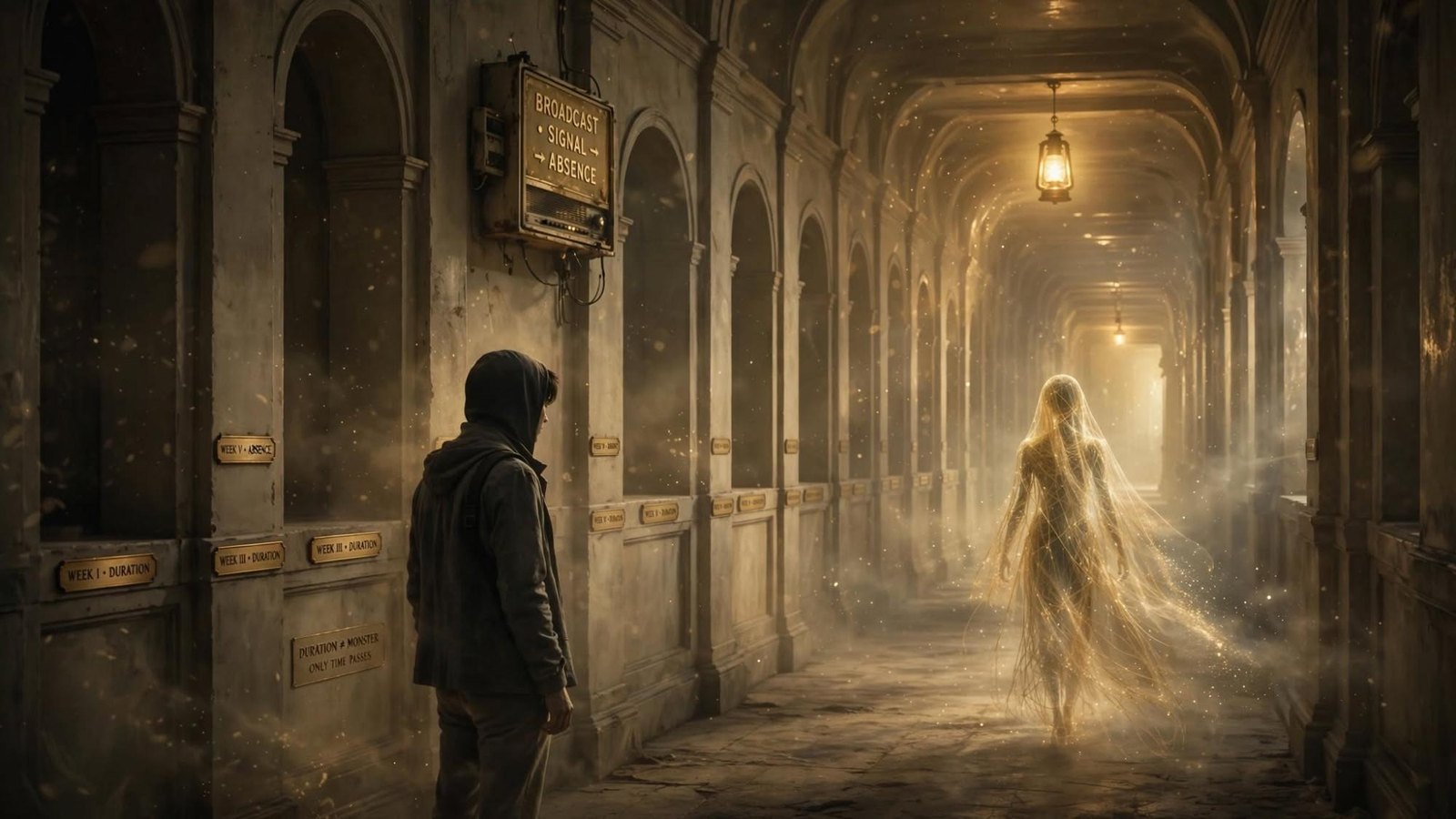 A corridor of weeks. The radio reads broadcast, signal, absence. A luminous figure walks away from the one who stayed.