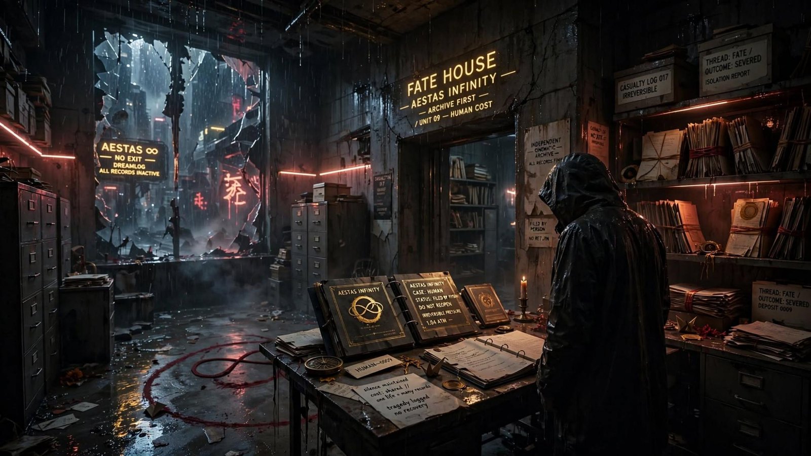 A hooded figure at a wet desk. The wall reads Fate House. Rain comes through a broken window. The ledger says the cost is already paid.