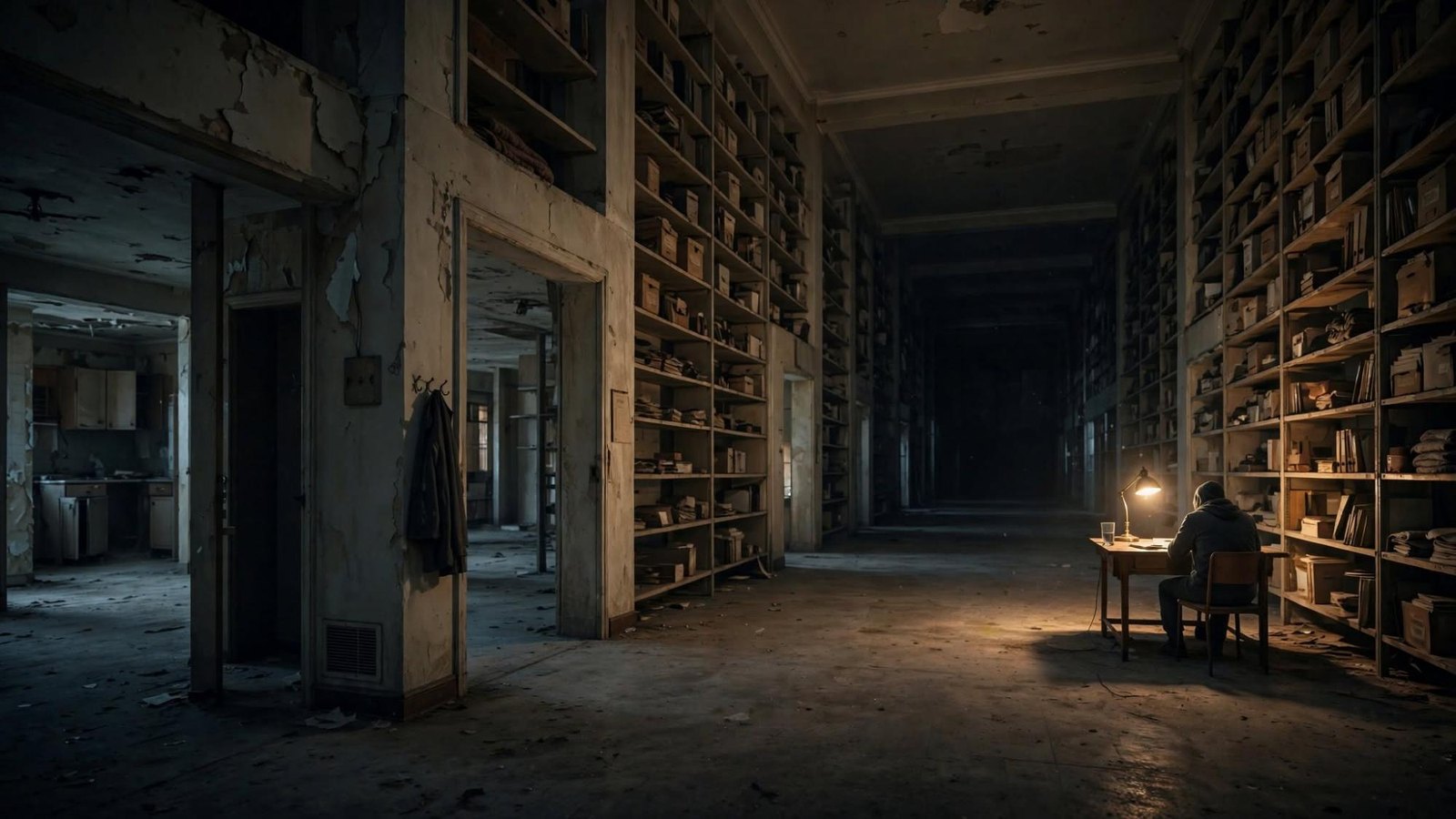 One person at a lamp in a long room of shelves. A coat hangs by the door. No one is speaking.