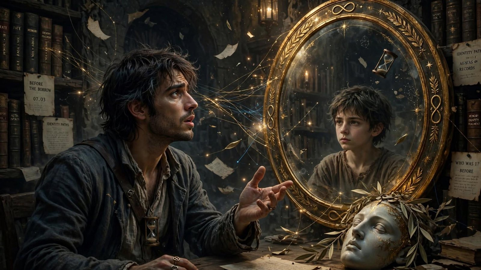 A man faces a mirror. The glass holds a younger face. A paper reads before the borrow.