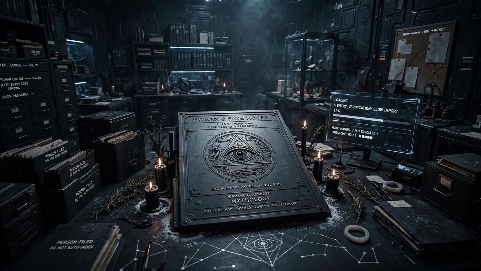 The house plate on a desk. An eye in a triangle. A case record marked permanent. Candles, and a screen that imports slowly.