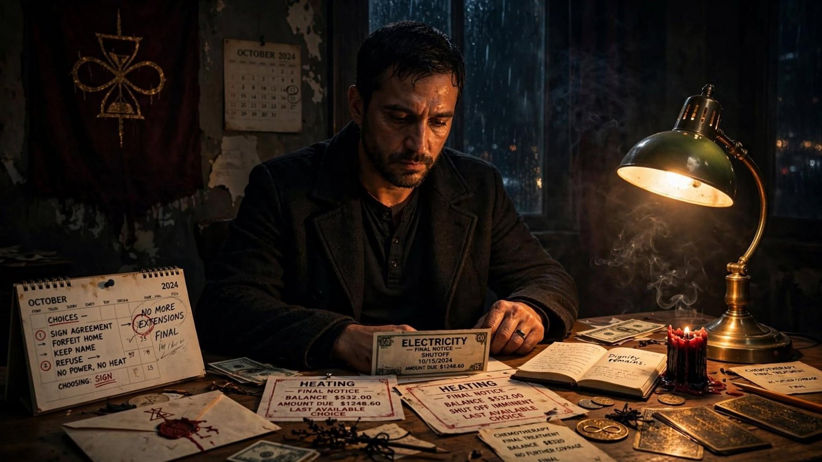 A man under a lamp holds a final electricity notice. The calendar says no more extensions. The page says dignity remains.